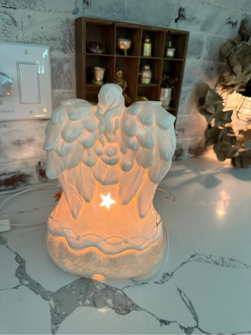 Vintage Porcelain Angel with Gold Star Accents - White and Gold